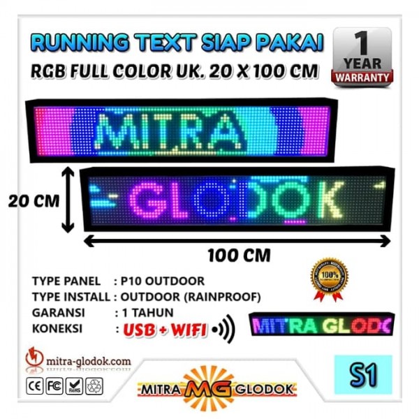 Running Text P10 SMD Outdoor RGB Siap Pakai WIFI + USB | RGB - 100 x 20 cm